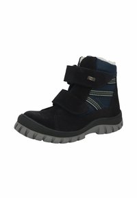 Dunkelblauer und schwarzer Winterstiefel für Kinder mit zwei Klettverschlüssen, gepolstertem Knöchelkragen und dicker grauer Laufsohle.