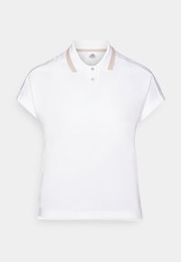 Polo shirt bianco a maniche corte con vestibilità slim, dotato di un colletto beige chiaro e placca a due bottoni. Realizzato in tessuto morbido.