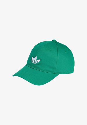 Green baseball cap with a curved brim, made of cotton. Features a white embroidered logo with three stripes and leaf design on the front.