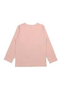 Langärmliges, hellrosa Baumwollshirt mit rundem Halsausschnitt und geradem Saum. Keine sichtbaren Muster oder Beschläge. Weiche Textur.