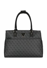 Borsa tote grigia con motivo, dotata di doppi manici neri, caratterizzata da un logo triangolare e dettagli in metallo dorato. Superficie liscia e morbida.