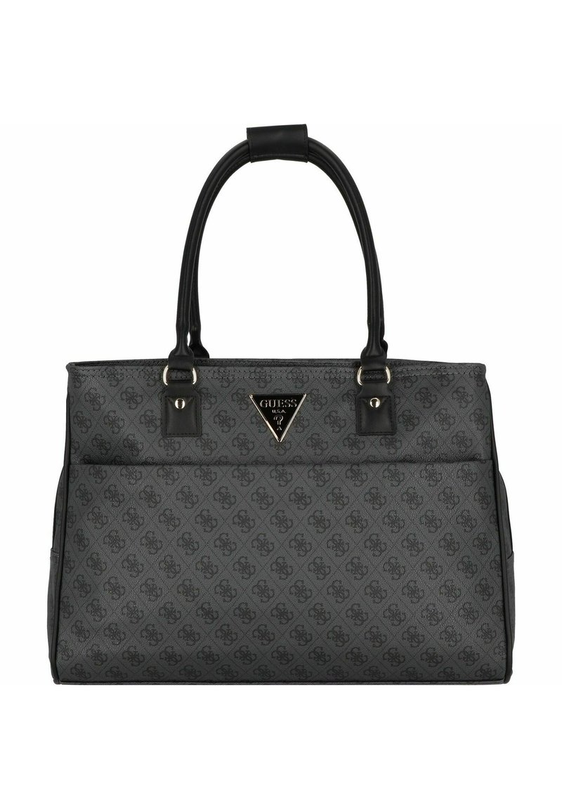 Borsa tote grigia con motivo, dotata di doppi manici neri, caratterizzata da un logo triangolare e dettagli in metallo dorato. Superficie liscia e morbida.