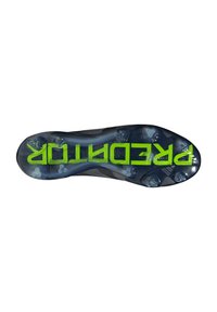 Black football cleat with transparent sole, featuring green "Predator" text. Accented with small studs for traction.