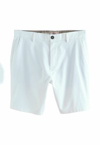 Witte katoenen korte broek met een vlakke voorkant, zijzakken, een knoopsluiting en een bruin patroon aan de binnenkant van de tailleband.