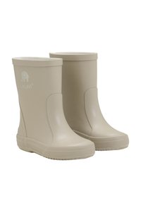Bottes de pluie en caoutchouc beiges avec une surface lisse, un design à bout rond et des semelles texturées pour l'adhérence. Présente le logo CeLaVi sur le côté extérieur.