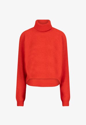 Rode gebreide coltrui met een relaxte pasvorm, geribbeld textuur en een verkorte lengte. Heeft lange mouwen en een strakke kraag.