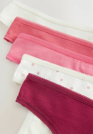 Five pairs of women's panties: white with pink polka dots, light pink, mid-pink, and burgundy, featuring scalloped lace edging.