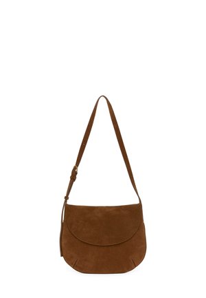 Suede shoulder bag in rich brown with a rounded flap, adjustable strap, and stitched accents at the base for added detail.