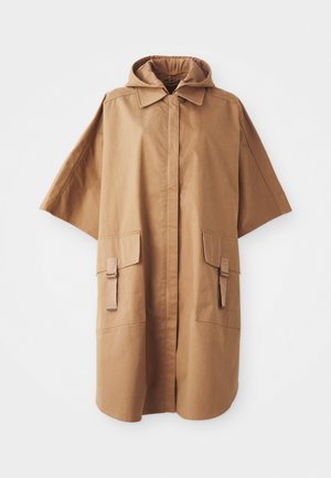 Brown cotton outerwear with a hood, loose fit, short sleeves, and two front pockets featuring straps and buttons for closure.