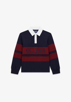 Polo a maniche lunghe blu navy e bordeaux in cotone, con colletto bianco, logo "GUESS" ricamato e strisce a blocchi di colore.