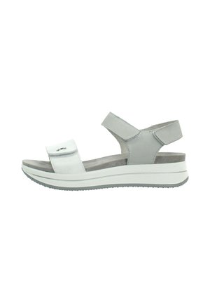 Sandalo da donna bianco e grigio con punta aperta, cinturini regolabili in Velcro e suola imbottita per comfort e supporto.