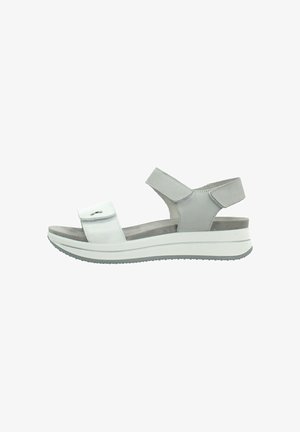 Sandalo da donna bianco e grigio con punta aperta, cinturini regolabili in Velcro e suola imbottita per comfort e supporto.