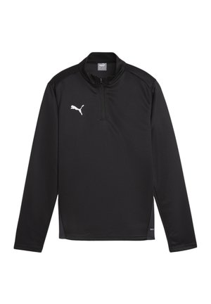 Zwarte lange mouw sportpullover met een halve rits kraag, met een reflecterend wit logo op de linkerkant van de borst en een soepele stoftextuur.
