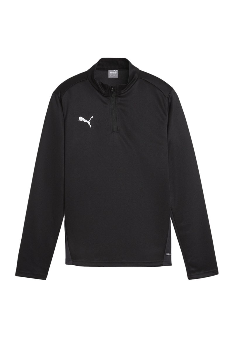 Pull-over de sport à manches longues noir avec un col zippé à mi-hauteur, doté d'un logo réfléchissant blanc sur la poitrine gauche et d'une texture de tissu lisse.