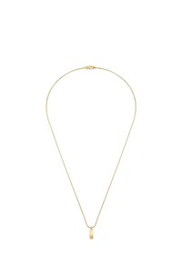 Zelta kaklarota ar plānu ķēdi un taisnstūra piekariņu. Minimalistisks dizains, gluda virsma un aizdare aizmugurē.
