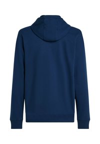 Sweat à capuche bleu marine en tissu texturé, doté d'une capuche avec cordon de serrage, de poignets et d'un ourlet côtelés. Vue de dos montrant des lignes nettes et épurées.