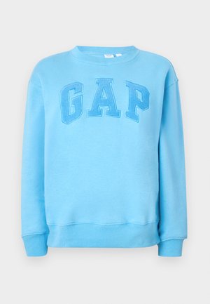 Lyseblå hettegenser laget av bomullsblanding, med rund hals, lange ermer, og ordet "GAP" brodert i en mørkere blåfarge.