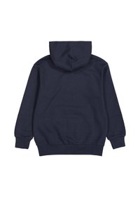 Felpa con cappuccio di colore blu navy in misto cotone, presenta maniche lunghe, polsini e orlo a costine, texture morbida e una vestibilità classica.