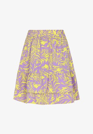 Violet sijonas su geltonu lapų raštu, elastinga juosta ir sluoksniuota ruffles dizainu. Pagamintas iš lengvos medžiagos.