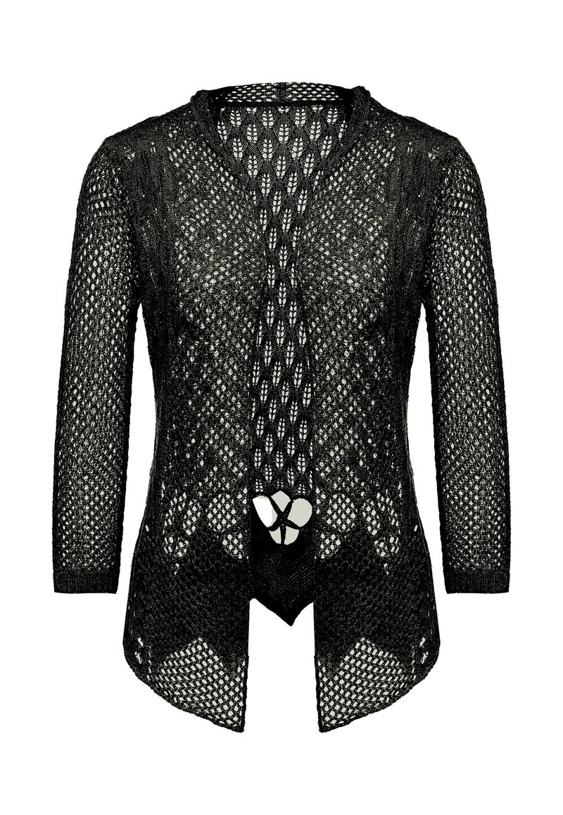 Schwarzer, offen gestrickter Cardigan mit V-Ausschnitt, langen Ärmeln und asymmetrischem Saum. Strukturiertes Gewebe mit einem Diamantmuster und einer runden Aussparung.
