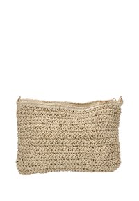 Bolso tejido en color beige con una superficie texturizada, cierre de cremallera y forma rectangular. Material ligero adecuado para un uso casual.