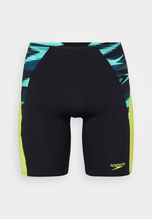 Crne kupaće hlače s tirkiznim i limun žutim detaljima, s geometrijskim uzorkom i prilagođenim dizajnom. Speedo logo u limun žutoj boji.