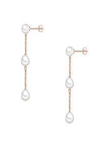 Orecchini in oro rosa con tre perle bianche su una delicata catena. Le perle hanno una forma rotonda e liscia con una finitura lucente.