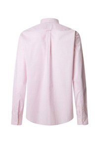 Camisa de manga larga de cuadros vichy en color rosa, con cuello abotonado, un pliegue en la parte posterior y puños abotonados. Fabricada en algodón ligero.