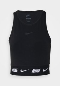 Top sportivo Nike nero con design aderente, collo rotondo e fascia elastica bianca con logo ripetuto e motivo nella parte inferiore.