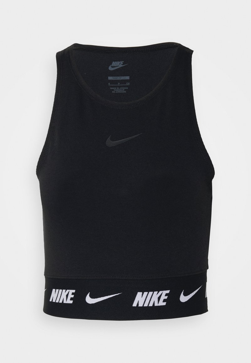 Top sportivo Nike nero con design aderente, collo rotondo e fascia elastica bianca con logo ripetuto e motivo nella parte inferiore.