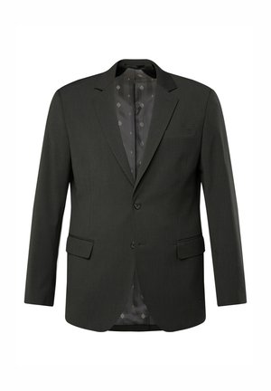 Dunkelgrauer Blazer mit Schalkragen, zwei Fronttaschen und einem gemusterten Innenfutter. Gefertigt aus einem glatten, strukturierten Stoff.