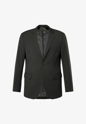 Dunkelgrauer Blazer mit Schalkragen, zwei Fronttaschen und einem gemusterten Innenfutter. Gefertigt aus einem glatten, strukturierten Stoff.