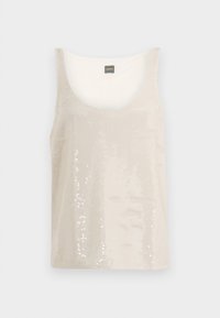 Beige tank topp med rund hals, dekket av reflekterende paljetter. Glatt innerfôr for komfort, designet for hverdagsbruk.
