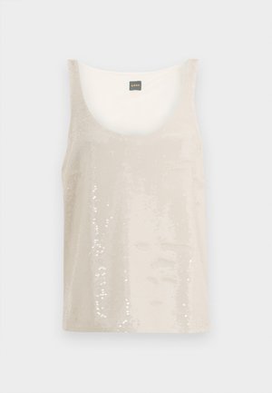 Beige tank top with a scoop neckline, covered in reflective sequins. Smooth inner lining for comfort, designed for casual wear.