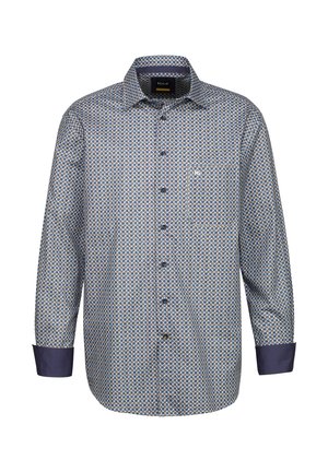 Herren-Hemd in Blau und Beige mit geometrischem Muster, mit langen Ärmeln und einem Kontrastmuff aus Marineblau, ausgestattet mit einer Brusttasche.