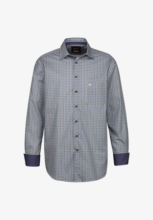 Camicia da uomo con bottoni in blu e beige a motivo geometrico, maniche lunghe e polsini a contrasto in blu navy, dotata di una tasca sul petto.