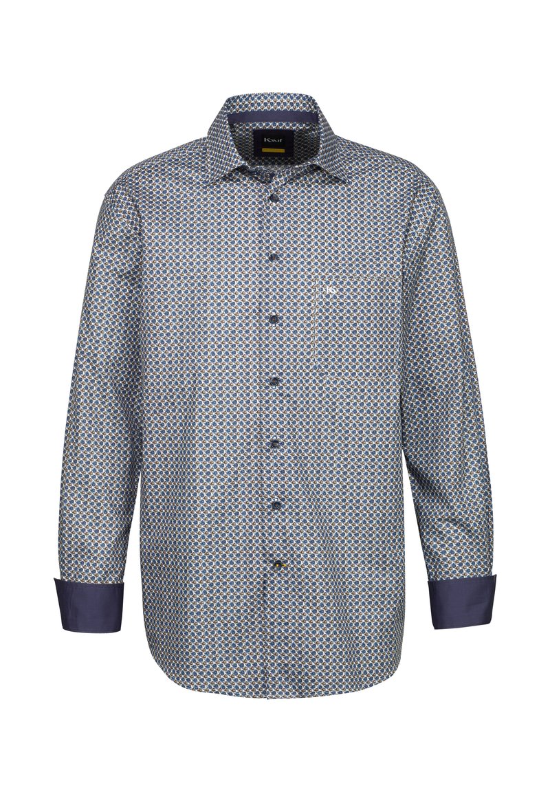 Camicia da uomo con bottoni in blu e beige a motivo geometrico, maniche lunghe e polsini a contrasto in blu navy, dotata di una tasca sul petto.