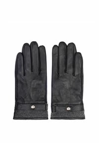 Czarne skórzane rękawiczki o gładkiej strukturze, z szarym wełnianym mankietem i srebrnym guzikiem przy nadgarstku, umożliwiające regulację dopasowania.