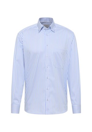 Herren Langarm-Hemd mit blauen und weißen vertikalen Streifen, spitzem Kragen, Brusttasche und geknöpften Manschetten.