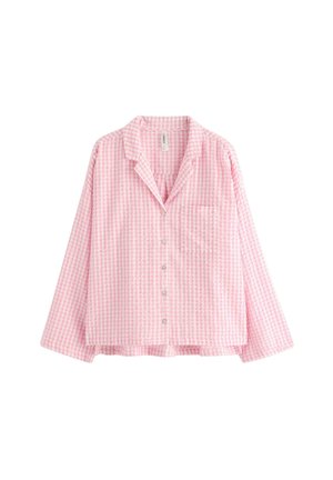 Różowa koszula w kratę z długimi rękawami, kieszonką na piersi i luźnym krojem. Materiał wydaje się lekki i teksturowany.
