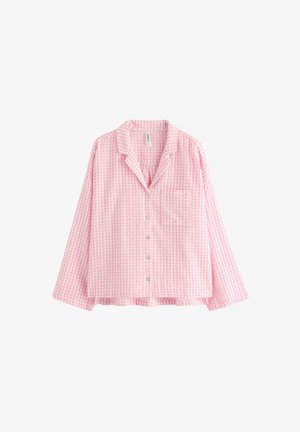 Camicia button-up a quadretti rosa con maniche lunghe, tasca sul petto e vestibilità rilassata. Il tessuto sembra leggero e dalla consistenza texturizzata.