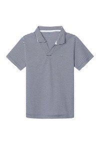 Polo marine et blanc à rayures avec un col et des manches courtes. Fabriqué en tissu texturé avec un motif de couleur unie.