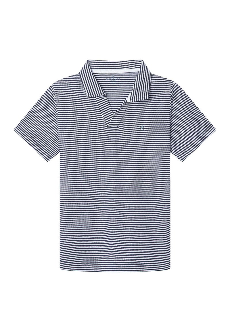 Polo marine et blanc à rayures avec un col et des manches courtes. Fabriqué en tissu texturé avec un motif de couleur unie.