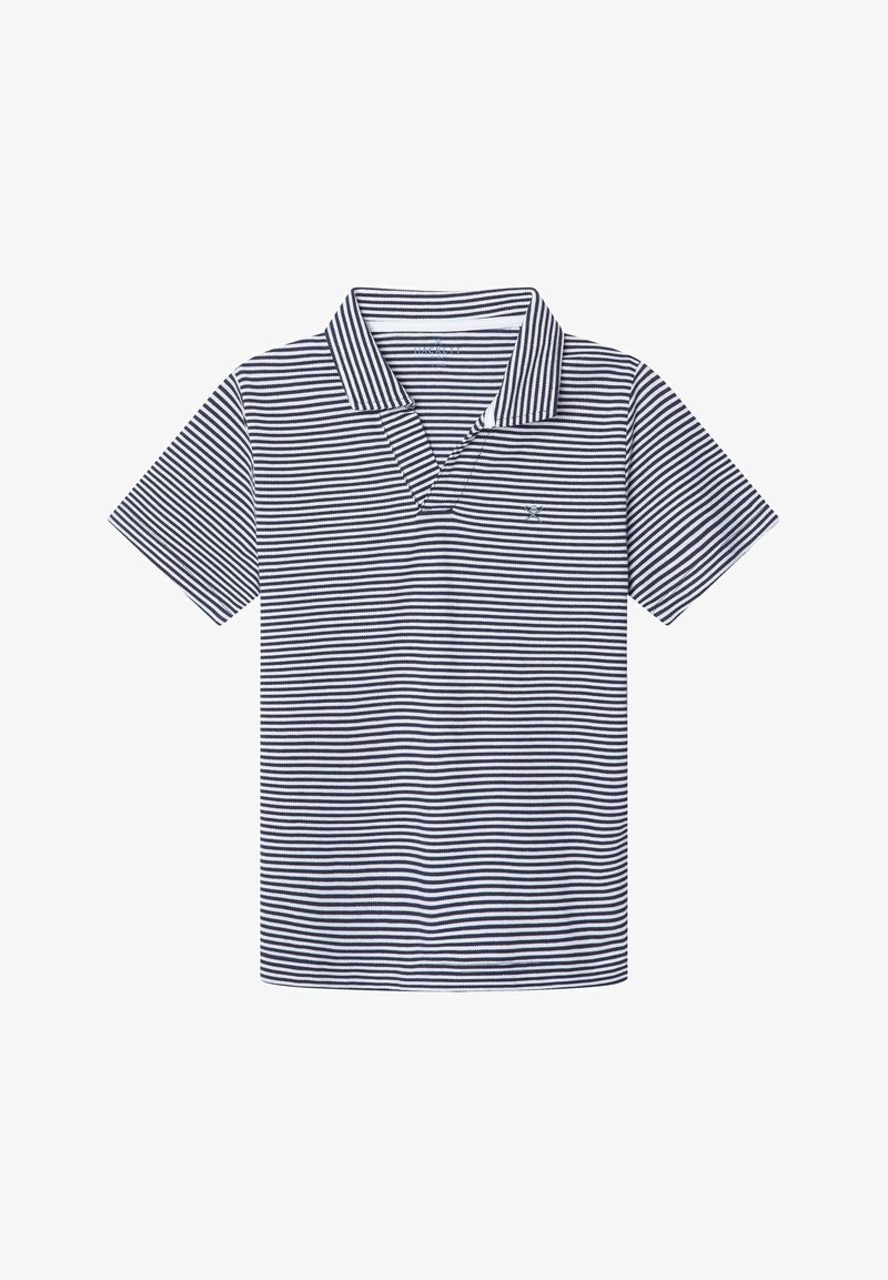 Polo marine et blanc à rayures avec un col et des manches courtes. Fabriqué en tissu texturé avec un motif de couleur unie.