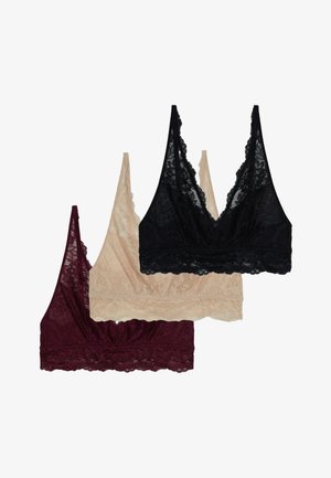 Set aus drei Bralettes in Schwarz, Nude und burgunderfarbenem Spitze. Mit einem tiefen V-Ausschnitt, gewellten Kanten und weichem Material.