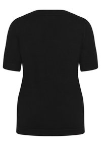 Sort top med korte ærmer, rund halsudskæring og blød strikstruktur. Har et enkelt og sømløst bagdesign uden udsmykninger.