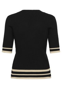 Schwarzer, gerippter Pullover mit kurzen Ärmeln, der cremefarbene und schwarze gestreifte Akzente an den Ärmeln und dem Saum aufweist. Enganliegendes Design mit rundem Halsausschnitt.