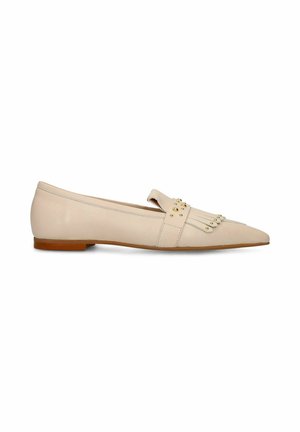 Beige pointed-toe flat leather loafer with fringe and gold stud detailing, and a low brown heel.
