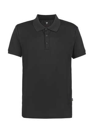 Zwart poloshirt met korte mouwen, drieknopensluiting en een klassieke kraag, afgebeeld op een witte achtergrond.