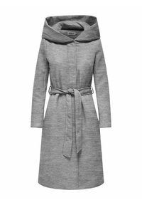 Manteau gris enveloppant avec une large capuche, des manches longues et une ceinture à nouer. Fabriqué en tissu doux et texturé avec une coupe droite et des poches latérales.